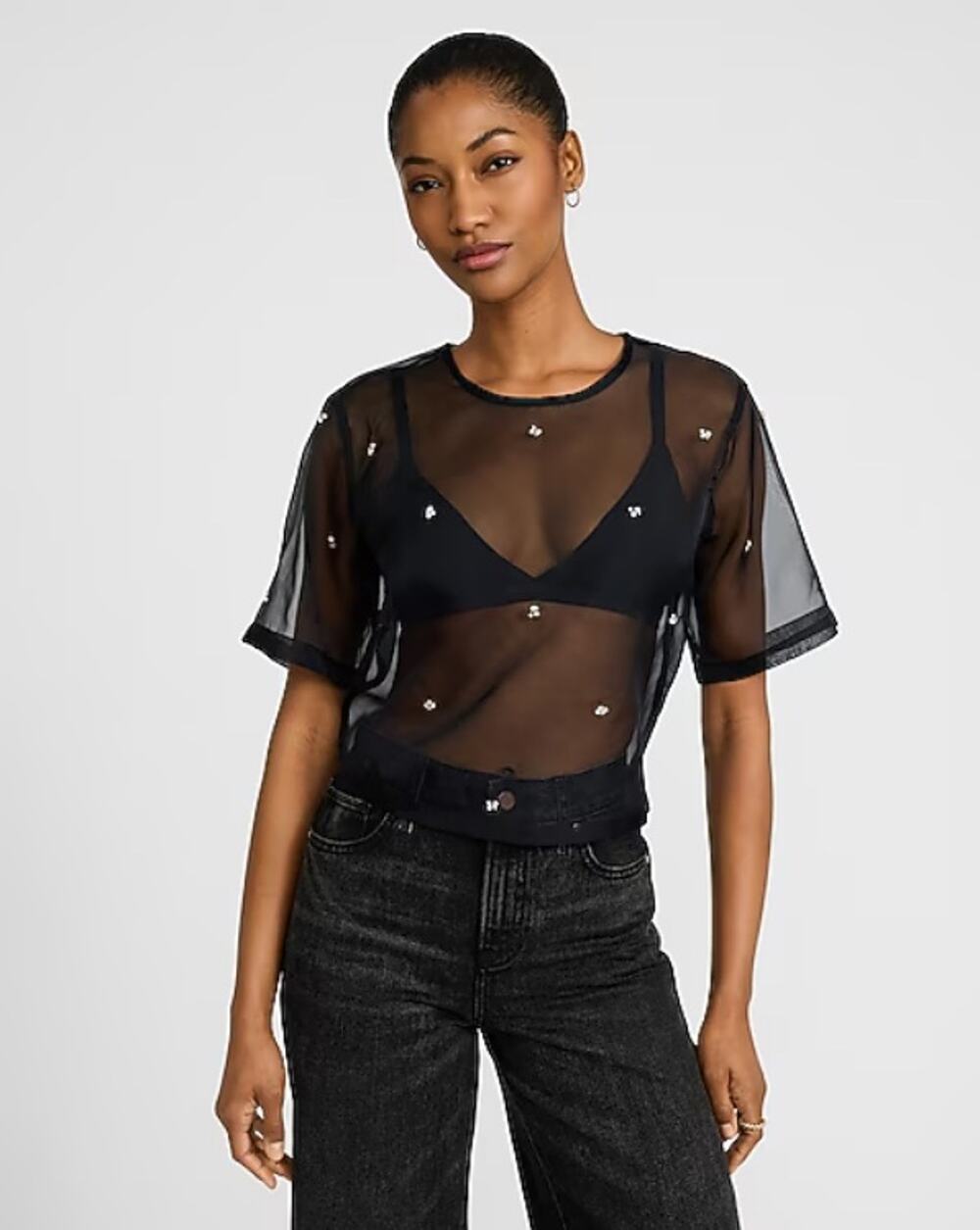 Express Women Black Embellished Sheer Organza Crew Neck Short Sleeve Tee Size M
